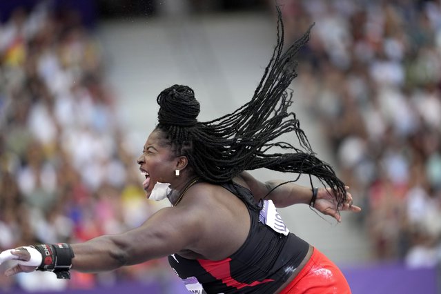 Portious Warren, of Trinidad and Tobago, competes during the women's shot put qualification at the 2024 Summer Olympics, Thursday, August 8, 2024, in Saint-Denis, France. (Photo by Bernat Armangue/AP Photo)