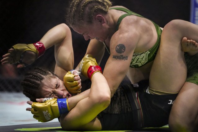 Alexa Grasso of Mexico (red gloves) fights Valentina Shevchenko of Kyrgyzstan (blue gloves) during Riyadh Season Noche UFC 306 at The Sphere in Las Vegas, Nevada on September 14, 2024. (Photo by Stephen R. Sylvanie/USA TODAY Sports)