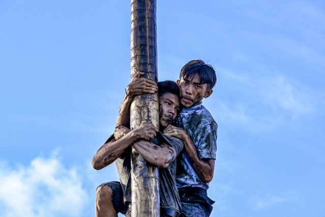 Participants climb a greasy pole called “Panjat Pinang” to collect prizes hung at the top during a continuous celebration since three days of Indonesia's 78th Independence Day, in Banda Aceh on August 20, 2023. (Photo by Chaideer Mahyuddin/AFP Photo)