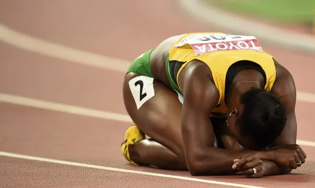 Veronica Campbell-Brown of Jamaica reacts after finishing third placed after the women's 200m final during the 15th IAAF World Championships at the National Stadium in Beijing, China, August 28, 2015. (Photo by Dylan Martinez/Reuters)
