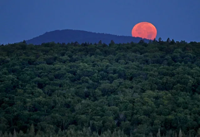 In this Monday, August 7, 2017 photo, the full moon sets behind Hunt Mountain on a privately owned tract of land surrounded by land that now comprises the Katahdin Woods and Waters National Monument near Patten, Maine. Interior Secretary Ryan Zinke wants to retain the newly created Katahdin Woods and Waters National Monument in northern Maine, but said he might recommend adjustments to the White House on Thursday, Aug. 24, 2017. (Photo by Robert F. Bukaty/AP Photo)