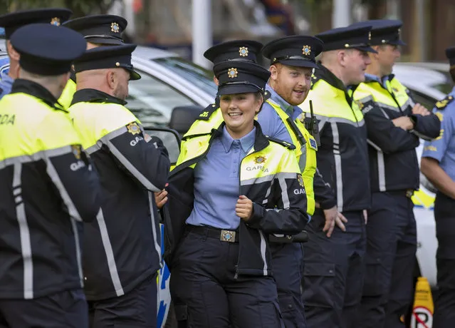 Garda Erin Heaney of Tallaght Station, Dublin wearing her new uniform on August 15, 2022 with other Gardai  pictured this morning at Tallaght Garda Station where the new Garda operational uniform was officialy unveiled by Commissioner Drew Harris. The new uniform will commence from today, with Gardai all over the country wearing them over the comng weeks. (Photo by Colin Keegan/Collins Agency)