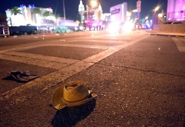 A cowboy hat lays in the street after shots were fired near a country music festival on October 1, 2017 in Las Vegas, Nevada. There are reports of an active shooter around the Mandalay Bay Resort and Casino. (Photo by David Becker/Getty Images)