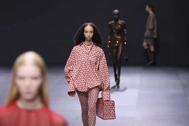 A model wears a creation for the Valentino ready-to-wear Spring/Summer 2023 fashion collection presented Sunday, October 2, 2022 in Paris. (Photo by Vianney Le Caer/Invision/AP Photo)