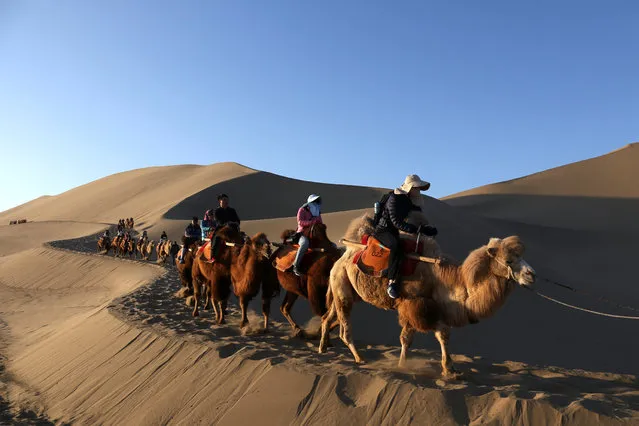 Tourists ride camels in the Mingsha Sand Dunes near Crescent Moon Spring on the outskirts of Dunhuang, Gansu province, China October 28, 2017. (Photo by Reuters/China Stringer Network)