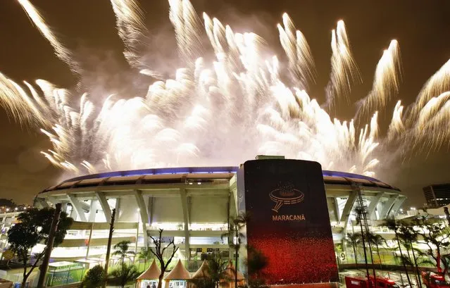 Scenes from the closing ceremony for the 2016 Rio Olympics, Rio de Janeiro, August 21, 2016. Fireworks explode over Maracana Stadium. (Photo by Kyodo News/Newscom)
