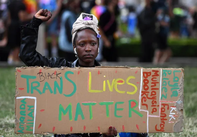 Protesters march as part of a Black Trans Lives Matter demonstration in what would have been the LGBT+ Pride march in London, Britain, 27 June 2020. Protesters gathered to demonstrate for black LGBT+ rights as part of the Black Lives Matter movement, which as been re-ignited following the death of 46-year-old African-American George Floyd while in police custody in the US. The traditional Pride match to celebrate LGBT+ rights was canceled due to the ongoing pandemic of the COVID-19 disease caused by the SARS-CoV-2 coronavirus. (Photo by Neil Hall/EPA/EFE)