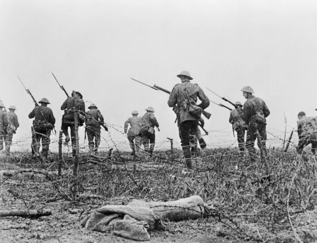 The Western Front During The First World War: The Battle Of The Somme, 1916, Still from the film 'Battle of the Somme': British troops go forward in “No Man's Land”, August 1916. (Photo by IWM via Getty Images)