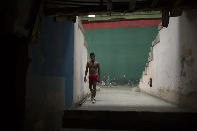 A wrestler takes a break at an old Basque ball gymnasium in downtown Havana, October 20, 2014. (Photo by Alexandre Meneghini/Reuters)