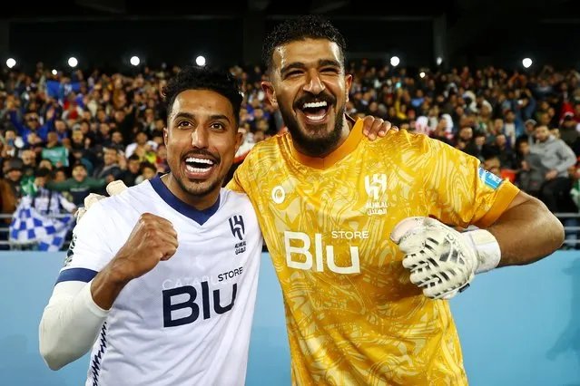 Salem Aldawsari and Abdullah Al-Mayouf of Al Hilal celebrate after the team's victory during the FIFA Club World Cup Morocco 2022 Semi Final match between Flamengo v Al Hilal SFC at Stade Ibn-Batouta on February 07, 2023 in Tanger Med, Morocco. (Photo by Michael Steele/Getty Images)