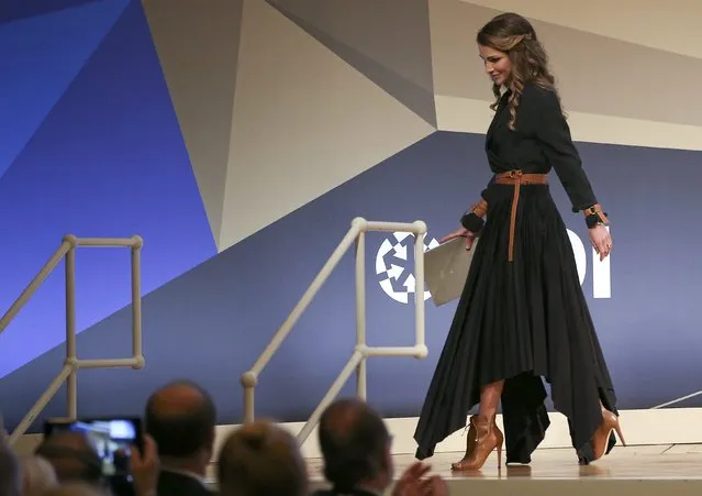 Queen Rania of Jordan leaves the stage after her speech at the Day of German Industry 2016 conference in Berlin, Germany, October 6, 2016. (Photo by Fabrizio Bensch/Reuters)