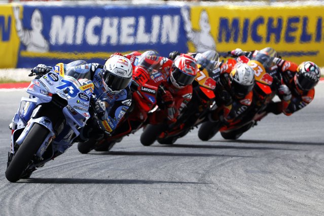 Spain's rider Alex Marquez of the BK8 Gresini Racing MotoGP leads the MotoGP race of the Grand Prix of Catalonia in Montmelo, just outside of Barcelona, Spain, Sunday, September 7, 2025. (Photo by Joan Monfort/AP Photo)