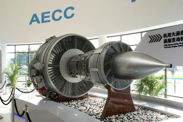 A mock-up of a Chinese-designed high-bypass turbofan engine for China's civil jetliner programme is displayed inside the pavilion of a new state-owned engine-making giant, Aero Engine Corporation of China (AECC), at Airshow China in Zhuhai, Guangdong province, on November 3, 2016. (Photo by Tim Hepher/Reuters)