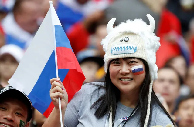 .A Russia fan poses during the warm up before the Russia 2018 World Cup Group A football match between Russia and Saudi Arabia at the Luzhniki Stadium in Moscow on June 14, 2018. (Photo by Christian Hartmann/Reuters)