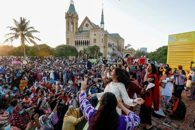 People participate in Aurat March or Women's March, to mark International Women's Day in Karachi, Pakistan on March 8, 2021. (Photo by Akhtar Soomro/Reuters)