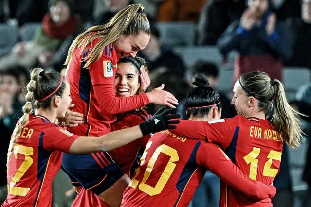 Spain's forward #17 Alba Redondo (C) celebrates scoring her team's fifth goal during the Australia and New Zealand 2023 Women's World Cup Group C football match between Spain and Zambia at Eden Park in Auckland on July 26, 2023. (Photo by Saeed Khan/AFP Photo)