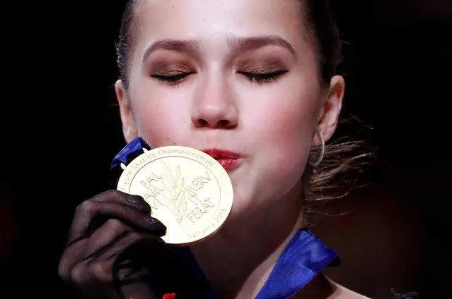 Gold medalist Alina Zagitova of Russia kisses the medal after the medal ceremony for the Ladies event on day three of the 2019 ISU World Figure Skating Championships at Saitama Super Arena on March 22, 2019 in Saitama, Japan. (Photo by Issei Kato/Reuters)