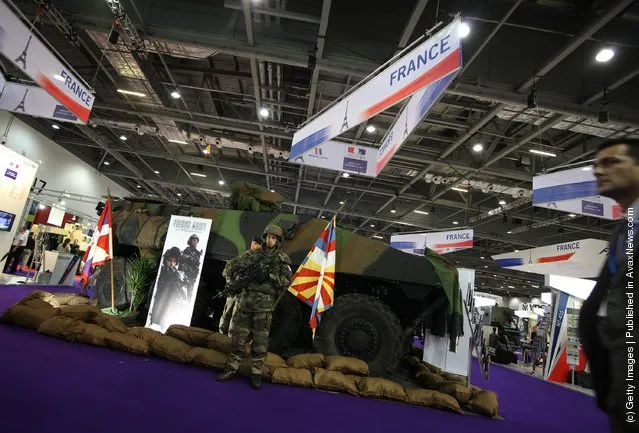 A French military combat command vehicle is displayed at The Defence and Security Exhibition