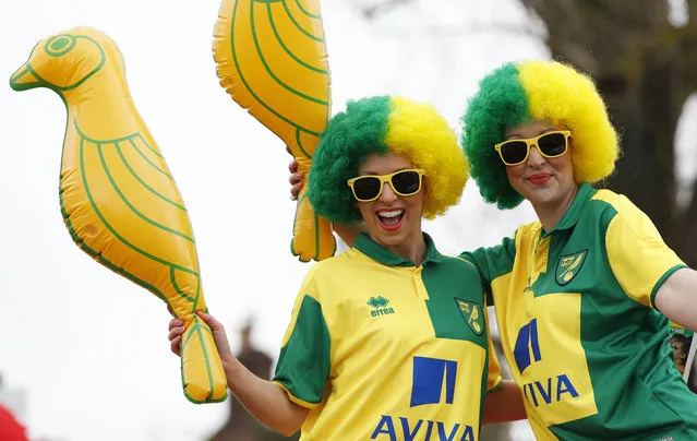 Football Soccer, Norwich City v Sunderland, Barclays Premier League, Carrow Road on April 16, 2016: Norwich fans pose outside the ground before the game. (Photo by Paul Childs/Reuters/Action Images)