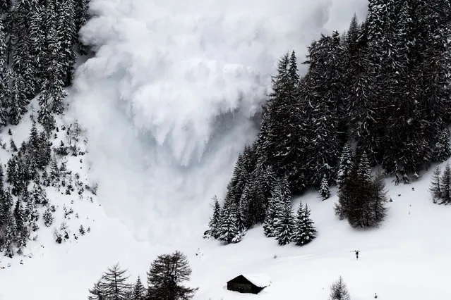 An avalanche comes down during a planned avalanche explosion conducted for test purposes in Anzere, near Sion, in the Canton of Valais, Switzerland, 08 March 2017. The test was undertaken by avalanche researchers of the WSL Institute for Snow and Avalanche Research SLF at the Vallee de la Sionne test site. (Photo by  Jean-Christophe Bott/EPA)