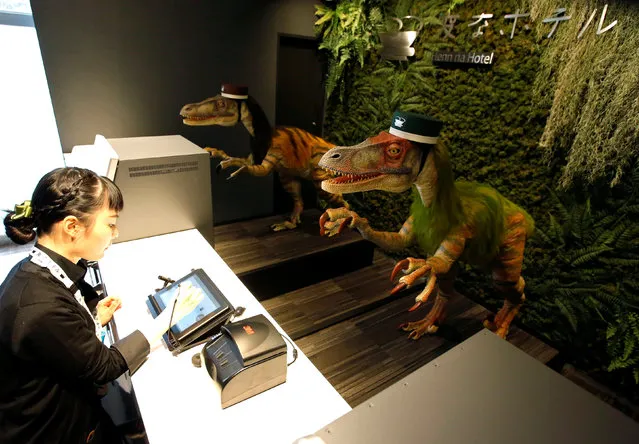 Dinosaur robots acting as receptionist greet a hotel employee demonstrating how to check-in to the hotel during a press preview for the newly-opening Henn na Hotel Maihama Tokyo Bay in Urayasu, east of Tokyo, Japan March 15, 2017. The reception desk is handled by robots that speak Japanese, English, Chinese and Korean, as well as porter robots that help guests carry luggage to their rooms. Tasks such as window-cleaning and vacuuming are also handled by robots. Japan's second robot-run hotel Henn na Hotel (“strange hotel” in Japanese) opened on March 15, 2017 as the robot-staffed hotel near Tokyo, operating company H.I.S. Co. said. (Photo by Issei Kato/Reuters)