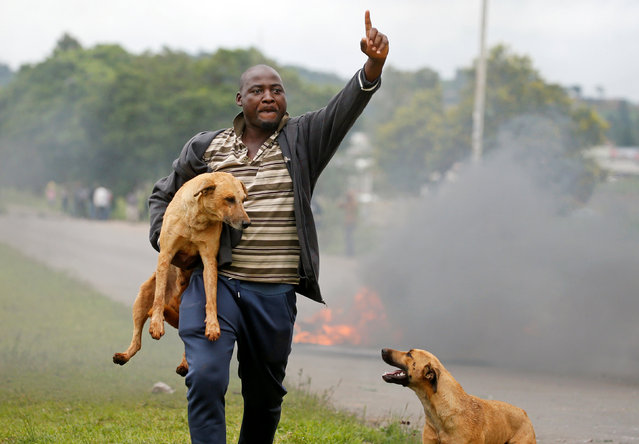 A protester gestures as he holds a dog before a burning barricade during protests in Harare, Zimbabwe, January 15, 2019. (Photo by Philimon Bulawayo/Reuters)