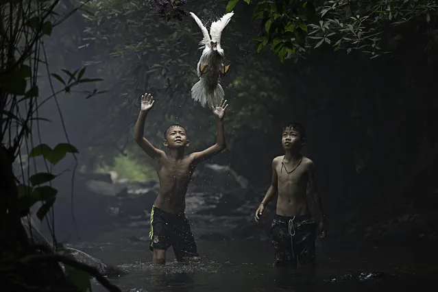 Merit: Catching a Duck. Two boys are trying to catch a duck at the stream of the waterfall. Nong Khai Province, Thailand. (Photo and caption by Sarah Wouters/National Geographic Traveler Photo Contest)