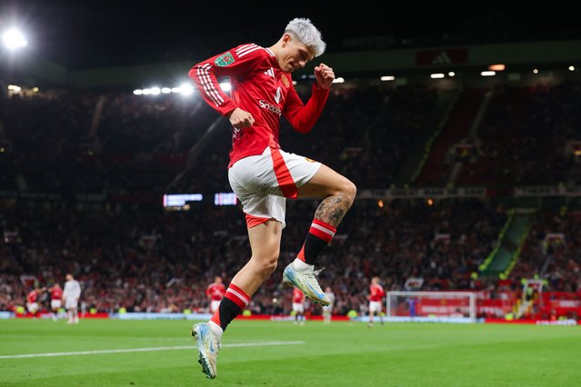 Alejandro Garnacho of Manchester United celebrates after scoring his side's fourth goal during the Carabao Cup Third Round match between Manchester United and Barnsley at Old Trafford on September 17, 2024 in Manchester, England. (Photo by James Gill – Danehouse/Getty Images)