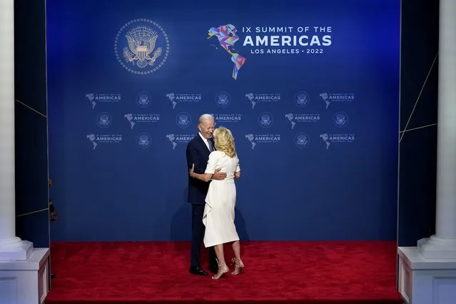 President Joe Biden and First Lady Dr. Jill Biden share a brief dance between greeting delegations during the Summit of the Americas, Wednesday, June 8, 2022, in Los Angeles. (Photo by Evan Vucci/AP Photo)