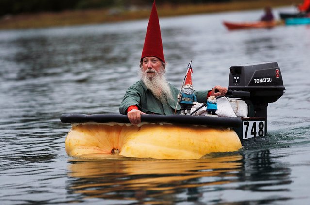 Tom Lishness of Windsor, who has been competing in the event since 2005, gets into position for the Damariscotta Pumpkinfest & Regatta on Monday morning, Oct. 14, 2024, in Damariscotta, Maine. (Photo by Derek Davis/Portland Press Herald via AP Photo)