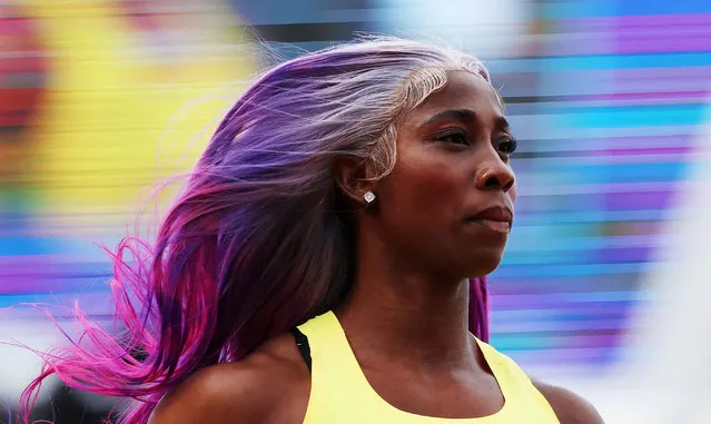 Jamaica’s Shelly-Ann Fraser-Pryce caught the eye in more ways than one during her successful women's 100 metres heat at Hayward Field during the World Championships in Oregon on July 16, 2022. (Photo by Lucy Nicholson/Reuters)