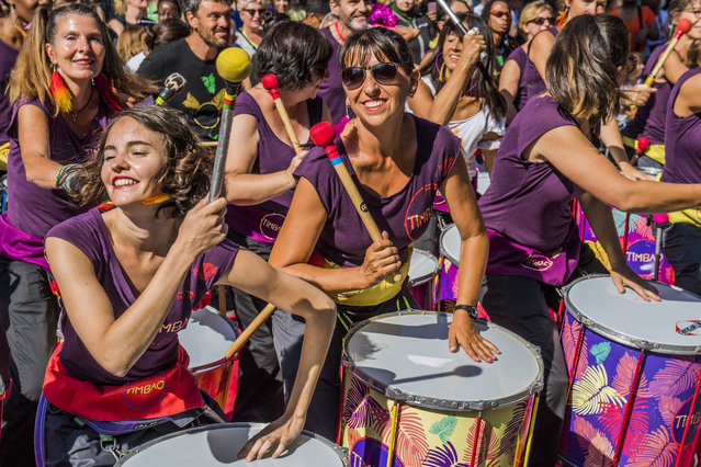French drum band Timbao at the opening of the Notting Hill carnival in London, England on August 27, 2017. The festival began with a ceremony to remember the Grenfell disaster. (Photo by Guy Bell/Rex Features/Shutterstock)