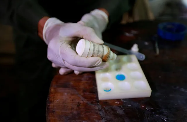 A Colombian anti-narcotics policeman takes a sample of cocaine at the cocaine lab, which, according to the police, belongs to criminal gangs in a rural area  Calamar in Guaviare, state Colombia, August 2, 2016. (Photo by John Vizcaino/Reuters)