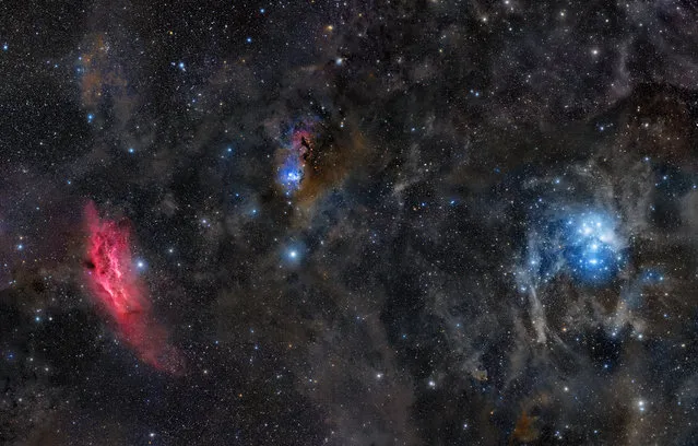 “California vs Pleaides”. Know since ancient times as the Seven Sisters, the Pleiades Cluster, to the right of the image consists of arouind a thousand stars, which formed toether about 100 million year ago. This unusual view shows the Pleiades Cluster in the borader context of its local environment, driftin through a chaotic region of dark dusk. The glowing cloud of hydrogen gas to the left of the image is the California Nebula names for its resemblance to the US state. Highly commended in the Deep Space category. (Photo by Rogelio Bernal Andreo, USA/The Astronomy Photographer of the Year 2014 Contest)