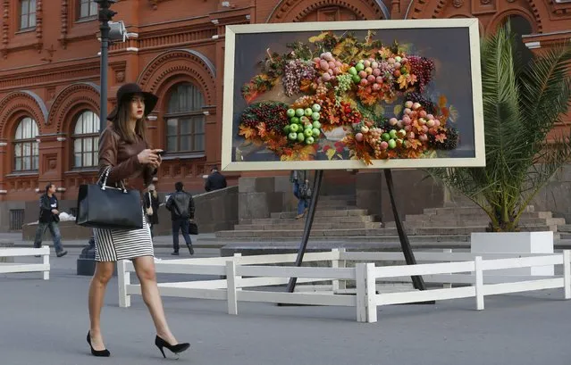 A woman walks in front of an art installation made of artificial fruits and vegetables during the  “Moscow Autumn” festival in central Moscow, September 14, 2015. (Photo by Maxim Zmeyev/Reuters)