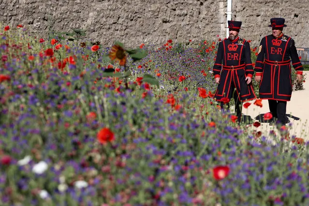 Yeoman warders walk through the Superbloom installation at the Tower of London during a photo call, to celebrate Britain's Queen Elizabeth's Platinum Jubilee in London, Britain, July 4, 2022. (Photo by Tom Nicholson/Reuters)