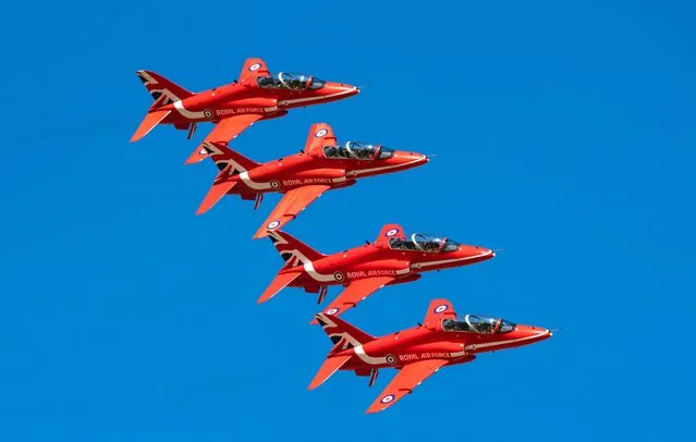 Picture dated August 9th, 2022 shows the RAF Red Arrows training after a mid season break as they practice over RAF Scampton in Lincolnshire. (Photo by Claire Hartley/Bav Media)