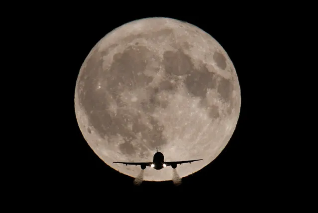A passenger plane, with a full harvest moon seen behind, makes its final landing approach towards Heathrow Airport in London, Britain, October 5, 2017. (Photo by Toby Melville/Reuters)