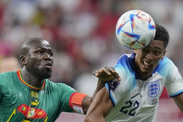 England's Jude Bellingham, right, challenges with Senegal's Kalidou Koulibaly during the World Cup round of 16 soccer match between England and Senegal, at the Al Bayt Stadium in Al Khor, Qatar, Sunday, December 4, 2022. (Photo by Hassan Ammar/AP Photo)