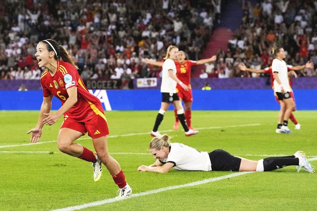 Spain's Aitana Bonmati celebrates after scoring the opening goal during the Women's Euro 2025 semifinals soccer match between Germany and Spain at Stadion Letzigrund in Zurich, Switzerland, Wednesday, July 23, 2025. (Photo by Alessandra Tarantino/AP Photo)