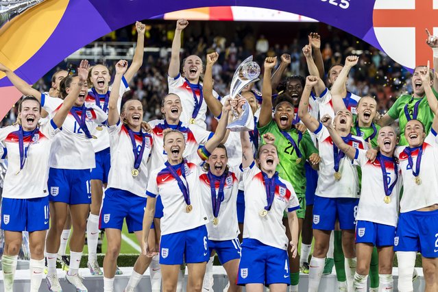 Players of England celebrate winning the UEFA Women's EURO 2025 final soccer match between England and Spain, in Basel, Switzerland, 27 July 2025. (Photo by Michael Buholzer/EPA)
