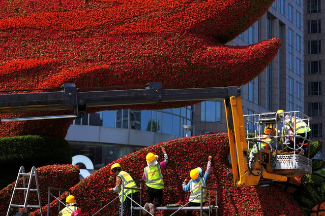 Workers on the platforms install flowers on a floral decoration along the Chang'an street ahead of the Sept. 3 military parade to commemorate the 80th anniversary of Japan's World War II surrender, in Beijing, Monday, August 11, 2025. (Photo by Andy Wong/AP Photo)