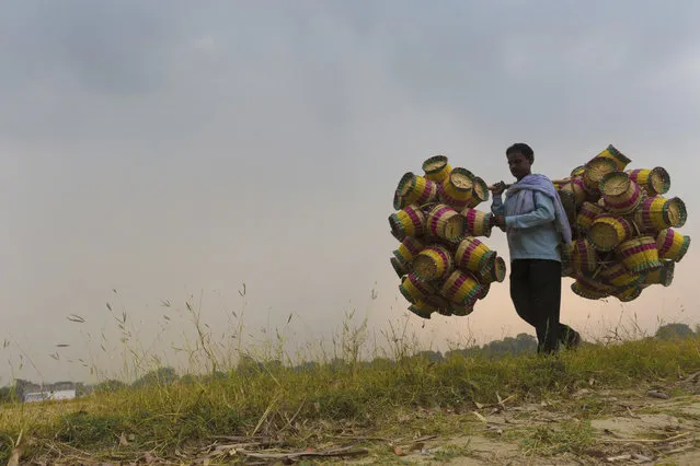 An Indian villager Dharampal, 37, carries cane baskets for sale on the outskirts of Allahabad, India, Friday, June 8, 2018. The baskets are sold for Rupees 35 (US$ 0.5) per piece. He earns between Rupees 8,000 to 10,000 (US$ 125-150) in a month. (Photo by Rajesh Kumar Singh/AP Photo)