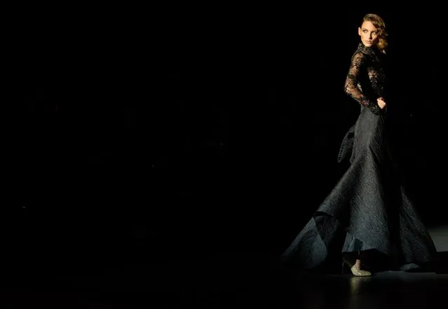 A model walks the runway at the Hannibal Laguna show during Madrid Fashion Week Fall/Winter 2015/16 at Ifema on February 7, 2015 in Madrid, Spain. (Photo by Eduardo Parra/Getty Images)