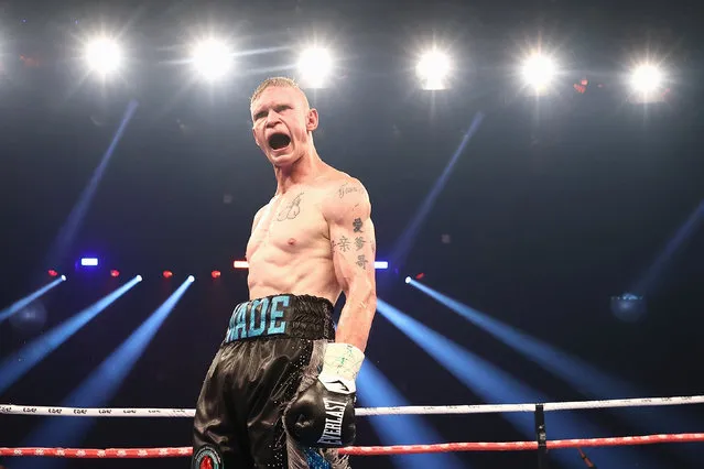 Wade Ryan celebrates winning his IBO International Super Welterweight Title Fight against Koen Mazoudier at Newcastle Entertainment Centre on March 31, 2021 in Newcastle, Australia. (Photo by Cameron Spencer/Getty Images)