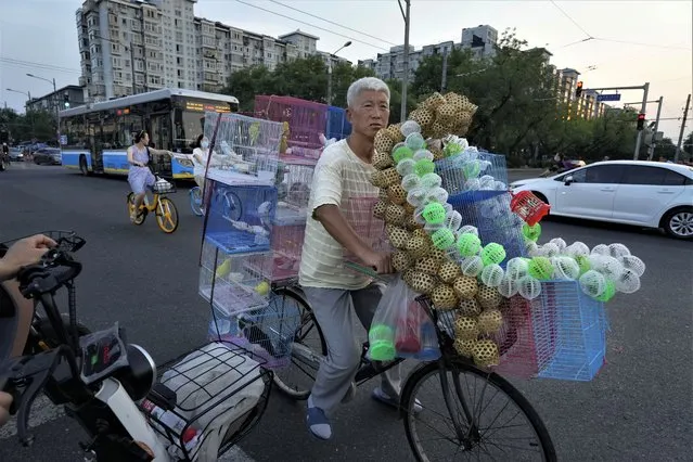 A street vendor selling birds and crickets cycles on the road in Beijing, Tuesday, August 15, 2023. Chinese leader Xi Jinping has called for patience in a speech released as the ruling Communist Party tries to reverse a deepening economic slump and said Western countries are “increasingly in trouble” because of their materialism and “spiritual poverty”. (Photo by Ng Han Guan/AP Photo)