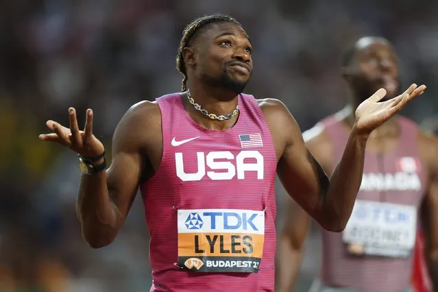 Noah Lyles of Team United States reacts after competing in the Men's 200m Semi-Final during day six of the World Athletics Championships Budapest 2023 at National Athletics Centre on August 24, 2023 in Budapest, Hungary. (Photo by Steph Chambers/Getty Images)