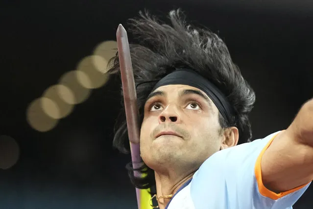 India's Neeraj Chopra competes during the men's javelin throw final at the 19th Asian Games in Hangzhou, China, Wednesday, October 4, 2023. (Photo by Lee Jin-man/AP Photo)