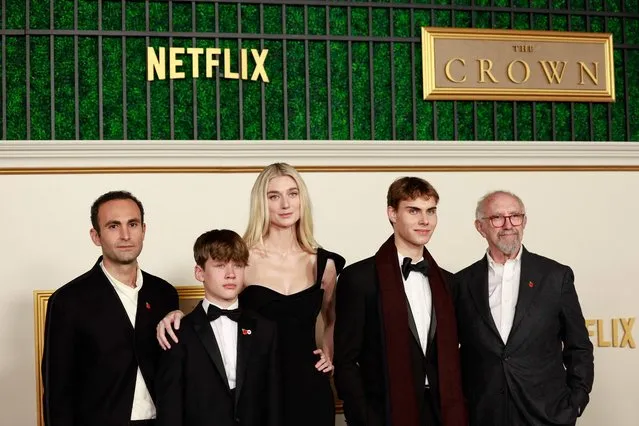(From L) Cast members Khalid Abdalla, Fflyn Edwards, Elizabeth Debicki, Rufus Kampa and Jonathan Pryce arrive for the Los Angeles of Netflix's “The Crown”, Season 6 Part 1, at Westwood Regency Village Theatre on November 12, 2023 in Los Angeles. (Photo by Michael Tran/AFP Photo)