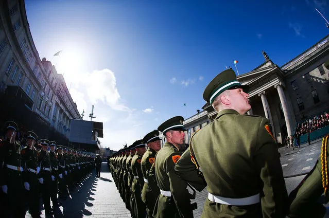 Members of the Defence Forces at the Easter Sunday Commemoration Ceremony at the General Post Office on March 27, 2016 in Dublin, Ireland. Today marks the 100th anniversary of the Easter Rising in the Republic of Ireland when in 1916 a rebellion was attempted to oust British rule of the country. (Photo by Maxwells/Irish Government/Getty Images)
